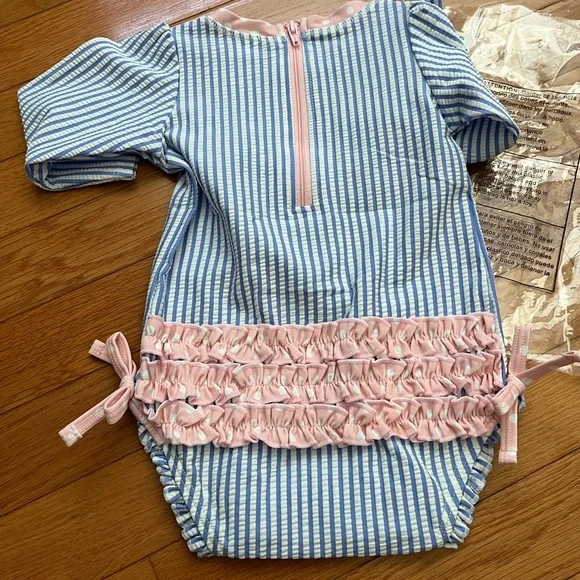 NWT Ruffle Butts Periwinkle Blue Seersucker Long Sleeve Swimsuit - Picture 3 of 4